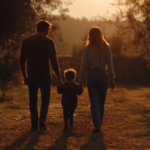 產後憂鬱與親子關係的示意圖,一家三口在陽光下散步