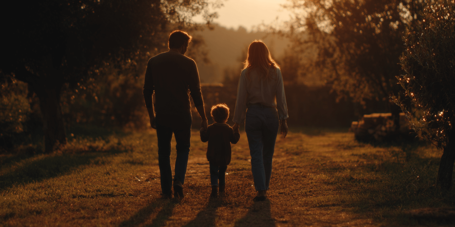 產後憂鬱與親子關係的示意圖，一家三口在陽光下散步