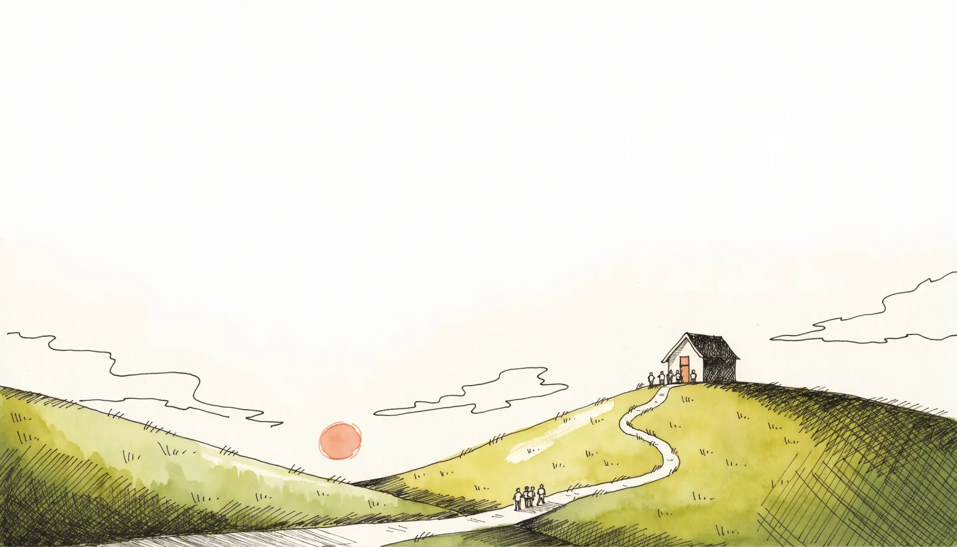 A group walking together toward a teahouse on the hilltop