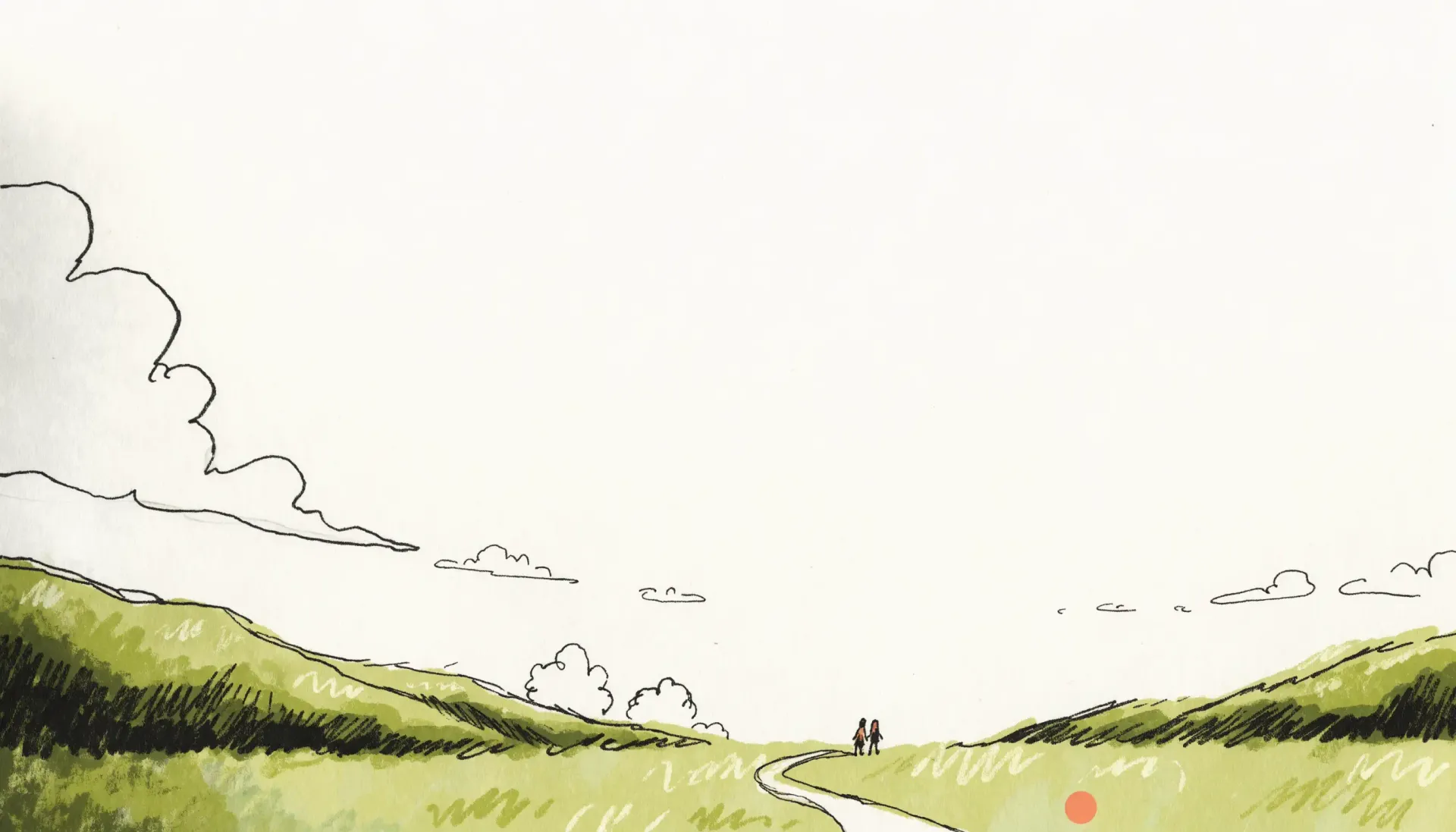 A winding path across a meadow, two people walking together