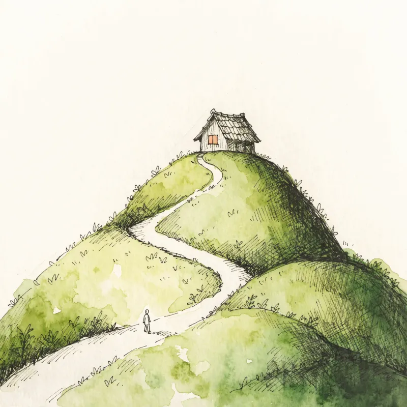 A small teahouse with warm-lit windows on a hill