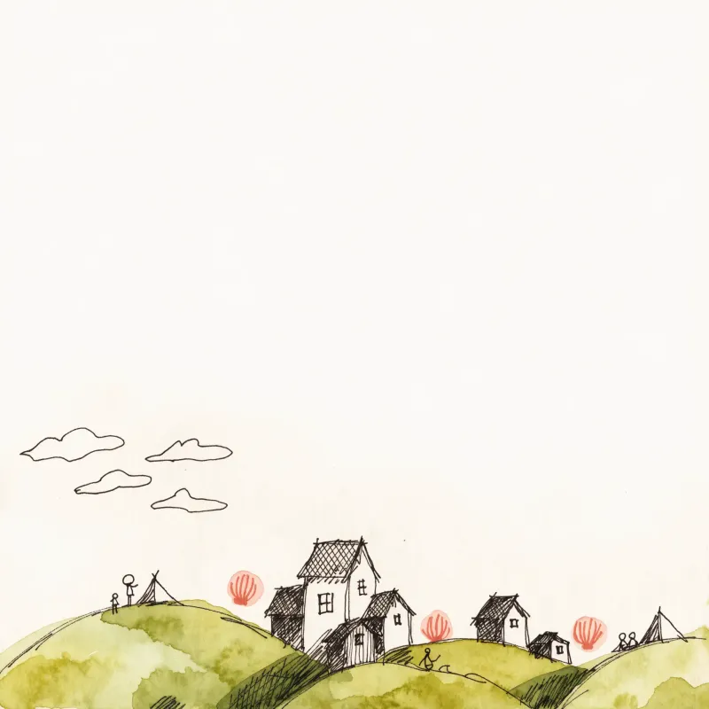 A small settlement with warm lanterns on green hills